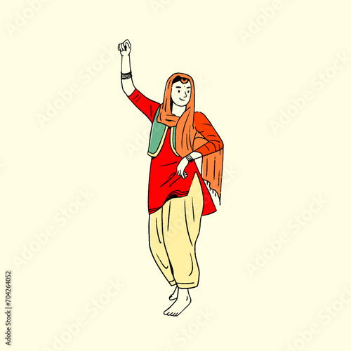 Indian Panjabi women, girl celebrating Lohri festival, Baisakhi Festival, happy dancing woman vector illustration