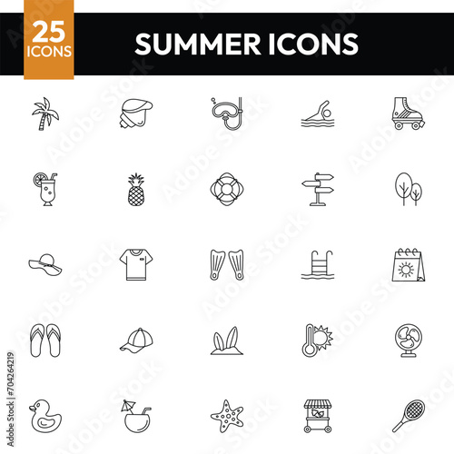 Summer clothes and accessories line icons set. linear style summer icons, outline signs pack. Shoes and clothing vector graphics. set includes icons as dress, hat, swimsuit, sundress, sunglasses