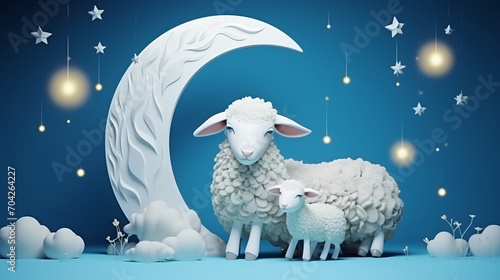 3d moon and sheep on blue background.