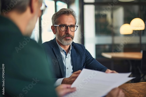 Middle aged mature older business man hr bank manager, lawyer or adviser expert checking cv document at office meeting or job interview. Financial legal advisory and consultancy, Generative AI  photo