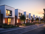The beauty of modern modular townhouses, showcasing elegant residential architecture with a contemporary urban twist. Perfect for city living enthusiasts.