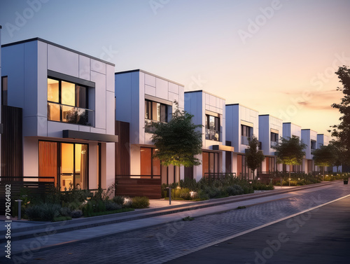 The beauty of modern modular townhouses, showcasing elegant residential architecture with a contemporary urban twist. Perfect for city living enthusiasts. © Mongkol