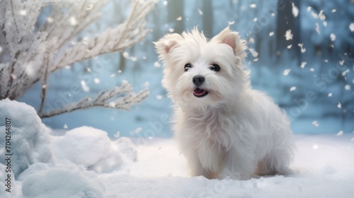  a white dog sitting in the snow in front of a tree with snow flakes on it's branches.