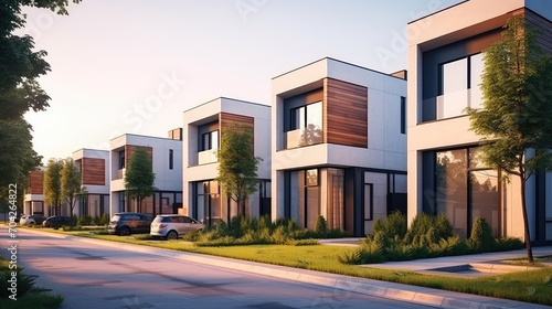 The allure of chic urban lifestyle with these sophisticated and private townhouses, featuring sleek modern architecture in a dynamic neighborhood. © Mongkol