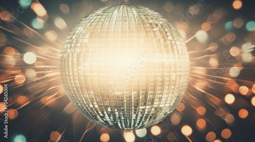  an image of a disco ball in the air with a bright light coming out of the center of the ball.