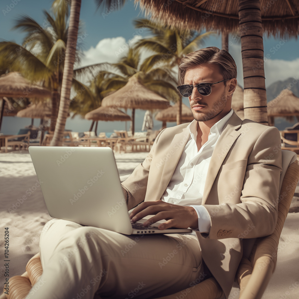 person with laptop on the beach for relax and remote work person with laptop on the beach for relax and remote work