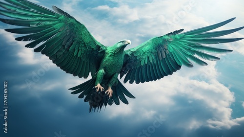  a large green bird flying through the air with it's wings spread wide open in front of a cloudy blue sky. photo