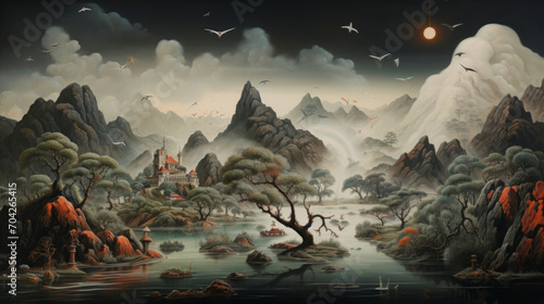 Exquisite classic Chinese landscape c serene scene with misty mountains, lush ancient trees, a traditional pagoda nestled among rolling hills with cranes and a tranquil lake. Traditional oriental art
