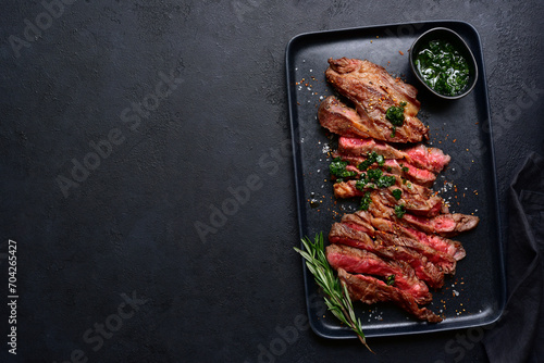 Grilled marbled beef steak. Top view with copy space.