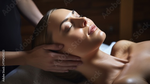  a woman getting a back massage with her hands on the back of the woman's head in a spa room. photo