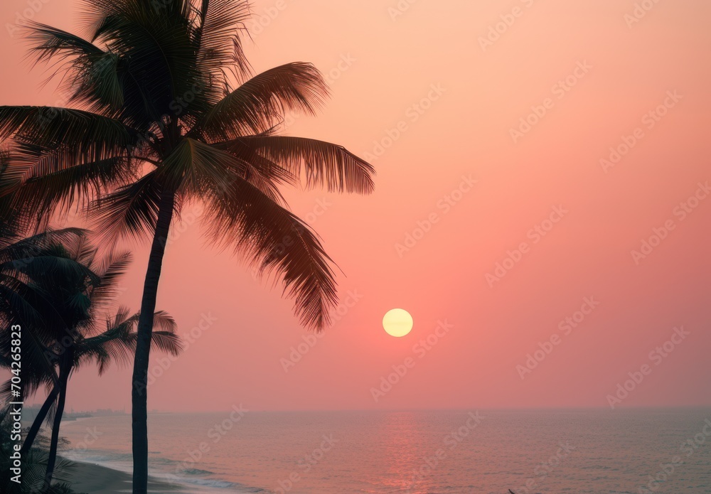  the sun is setting over the ocean with two palm trees in the foreground and a boat in the distance.