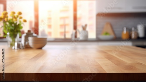  a wooden table top in a kitchen with a vase of flowers on the counter and a window in the background.