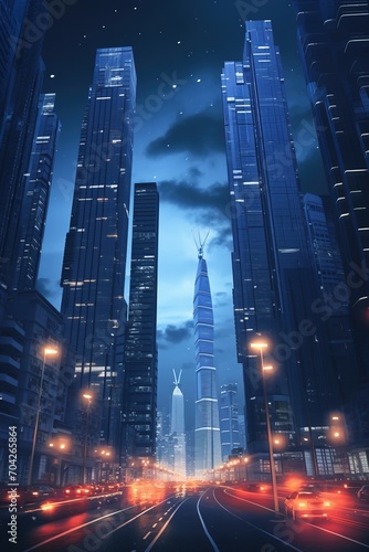 A futuristic city with skyscrapers and a night sky
