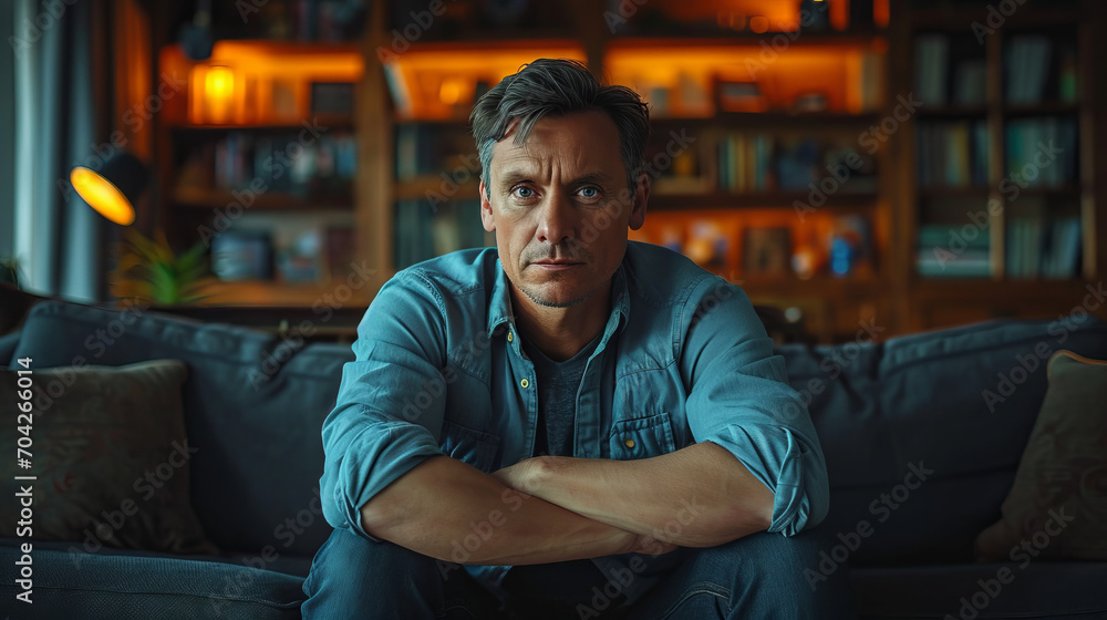 Single man sitting alone on his sofa at home looking at camera like if he is watching a screen or television at night , single male or divorced guy concept image Single man sitting alone on his sofa at home looking at camera like if he is watching a screen or television at night , single male or divorced guy concept image