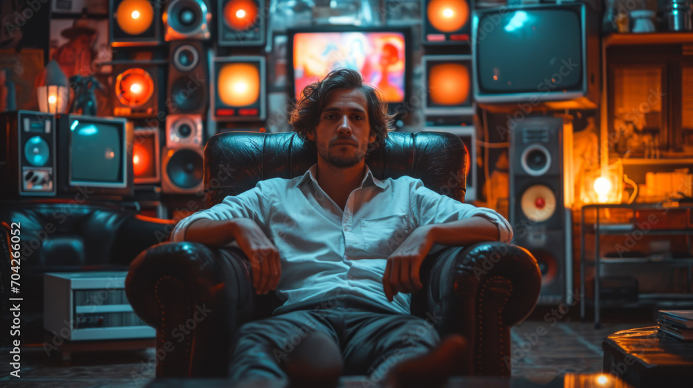 Single man sitting alone on his sofa at home looking at camera like if he is watching a screen or television at night , single male or divorced guy concept image