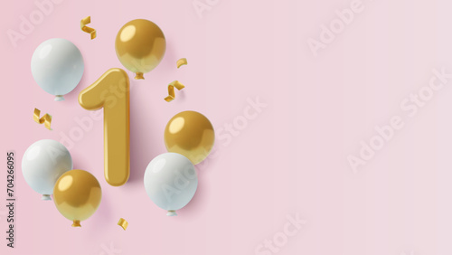 3D number 1 with balloons and confetti on pink background with copy space. First baby girl's birthday or one year anniversary three dimensional vector illustration.