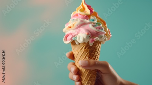  a hand holding an ice cream cone with pink, yellow, and blue icing and sprinkles.