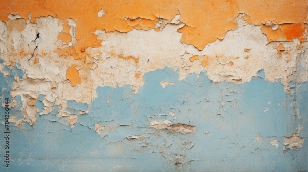  a rusted wall with peeling paint and a blue and orange paint chipping off the side of the wall.