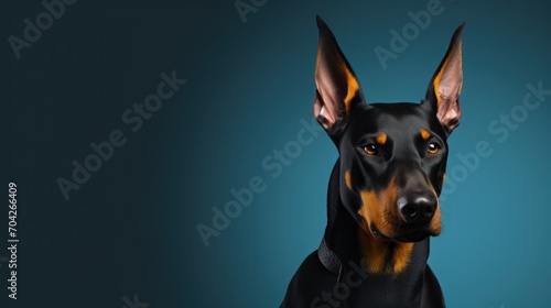  a black and brown dog standing in front of a blue background and looking at the camera with a serious look on his face.