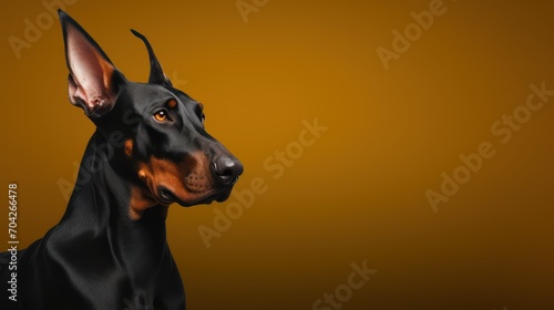  a close up of a dog s face on a yellow background with a black and brown dog in the foreground.