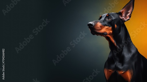  a close up of a black and brown dog on a yellow and black background with a black and orange background.