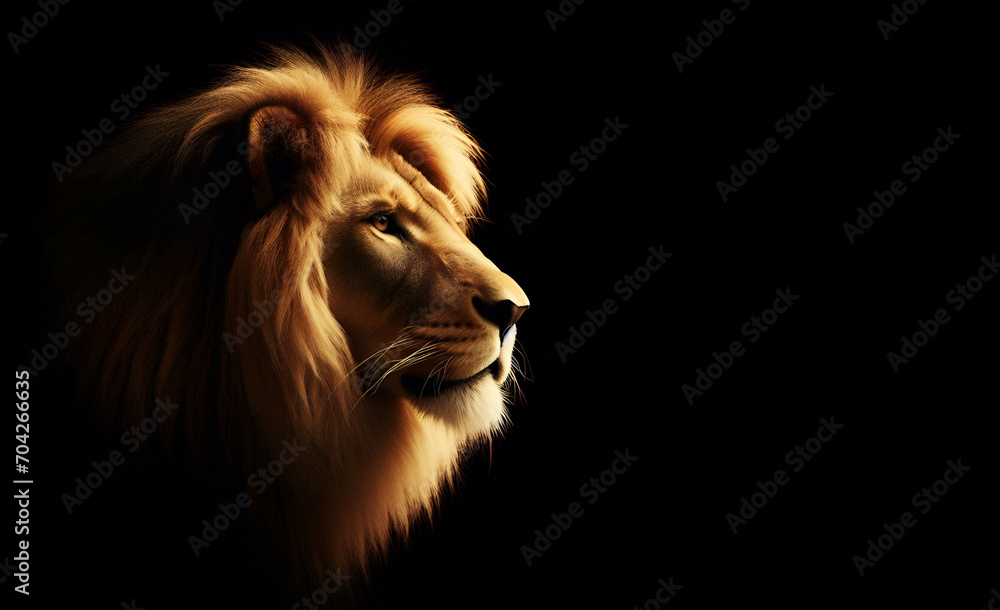 Portrait of a beautiful lion with a large mane against a black background shot in profile, generative ai Portrait of a beautiful lion with a large mane against a black background shot in profile, generative ai