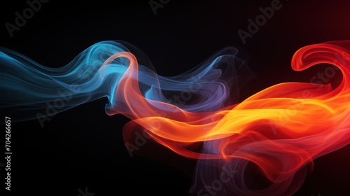  a red and blue swirl of smoke on a black background with a red light in the middle of the image.