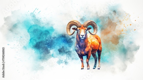  a watercolor painting of a ram standing in front of a blue and yellow cloud of smoke and smudges. photo