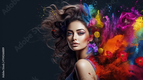  a woman with her hair blowing in the wind with colored powder all over her face and her hair blowing in the wind.