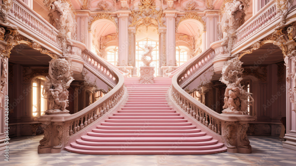 a pink royal palace with stairs