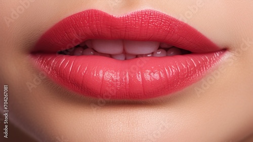  a close up view of a woman's lips with bright red lipstick on top of her cheek and bottom lip.