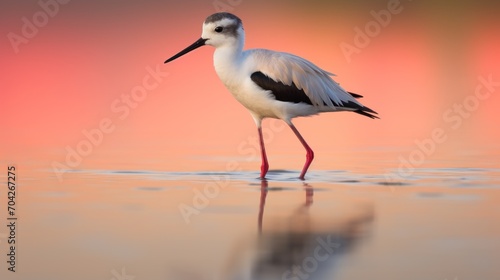  a white and black bird standing on top of a body of water with a pink sky in the background and a pink sky in the background. © Jevjenijs