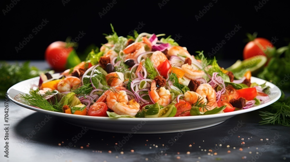  a close up of a plate of food with shrimp, tomatoes, onions and lettuce on a table.