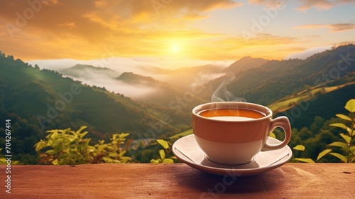  a cup of tea sits on a table with a view of the mountains and the sun rising over the valley. #704267414