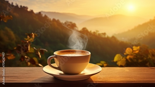  a cup of coffee on a saucer on a wooden table with a view of the mountains in the background.