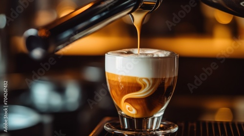  an espresso being poured into a glass cup with a liquid swirling out of the top of the cup.