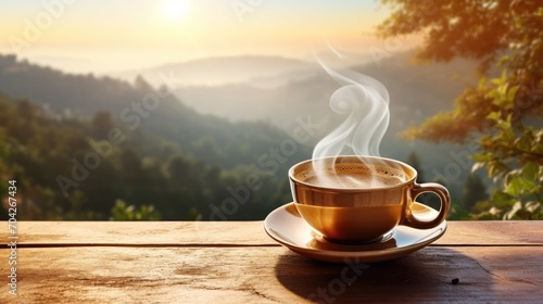  a cup of hot coffee on a wooden table with a view of the mountains and the sun in the distance.