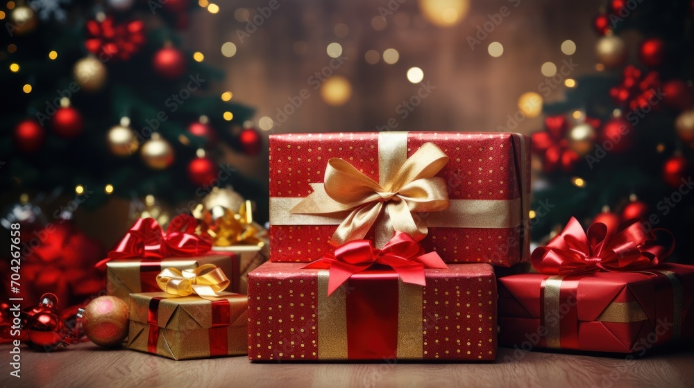 a group of presents sitting on top of a wooden table next to a christmas tree with lights in the background. a group of presents sitting on top of a wooden table next to a christmas tree with lights in the background.