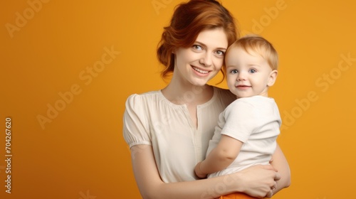  a woman holding a baby in her arms and smiling at the camera with a bright orange background in the background.