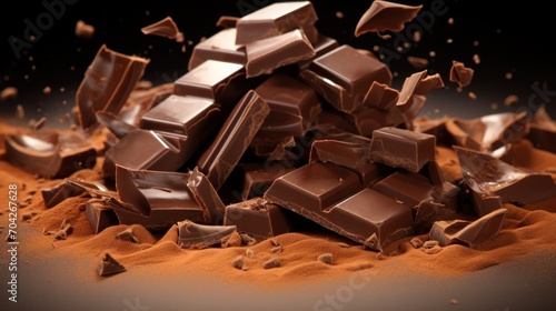  a pile of pieces of chocolate sitting on top of a pile of red dirt next to a pile of broken pieces of chocolate.