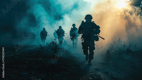 Silhouette photo group of military soldiers marching outdoor in battlefield patrol. Infantry army war battle marching dramatic light scene. Military troop patrolling.