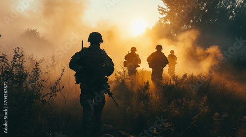 Silhouette photo group of military soldiers marching outdoor in battlefield patrol. Infantry army war battle marching dramatic light scene. Military troop patrolling.