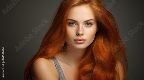  a close up of a woman with long red hair and a gray tank top, looking at the camera with a serious look on her face.