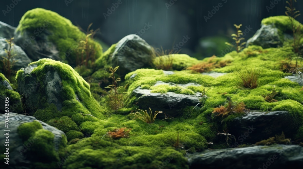  a close up of a mossy surface with rocks and plants in the foreground and a rain shower in the background.