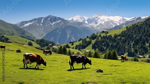  a herd of cows grazing on a lush green hillside covered in snow covered mountains in the distance, with a mountain range in the background. © Jevjenijs