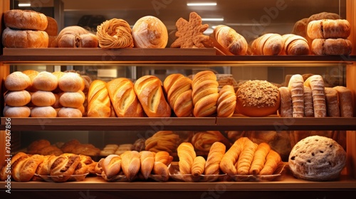  a display case filled with lots of different types of breads and loaves of bread next to each other.