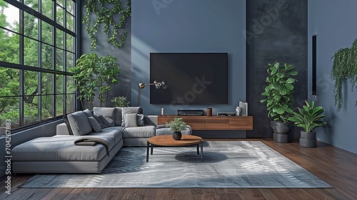 Interior of a modern living room including a sofa, floor lamp, smart TV, and potted plant...