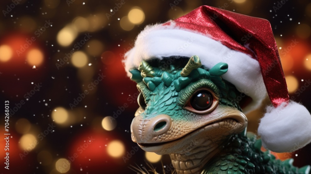 a close up of a toy lizard wearing a santa hat with a boke of christmas lights in the background. a close up of a toy lizard wearing a santa hat with a boke of christmas lights in the background.