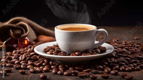  a cup of coffee sitting on top of a saucer on top of a pile of coffee beans next to a bag of coffee beans. © Jevjenijs