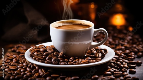  a cup of coffee sitting on top of a white saucer on top of a pile of roasted coffee beans.